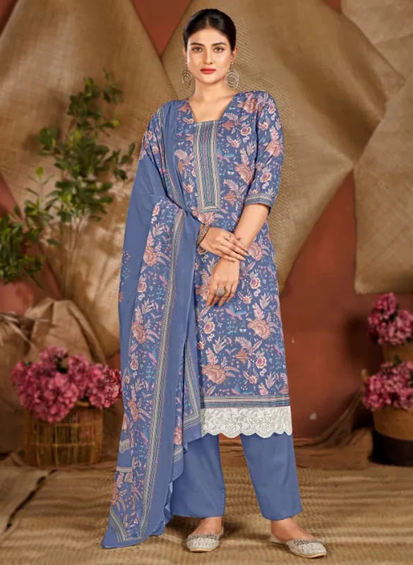 Rivaa Blue Pure Cotton Satin Unstitched Suit Dress Material for Women