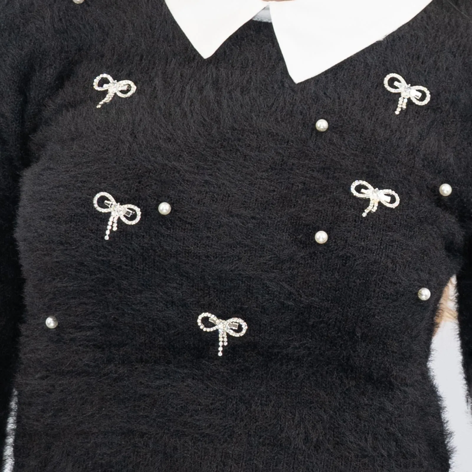 River Island Embellished Fluffy Hybrid Jumper Black Mock Shirt