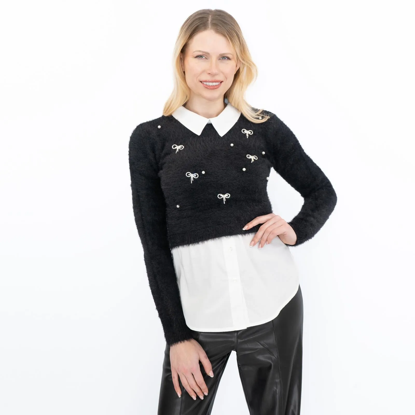 River Island Embellished Fluffy Hybrid Jumper Black Mock Shirt