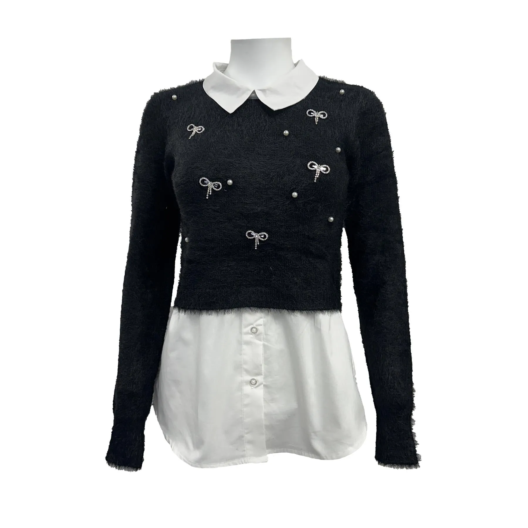 River Island Embellished Fluffy Hybrid Jumper Black Mock Shirt