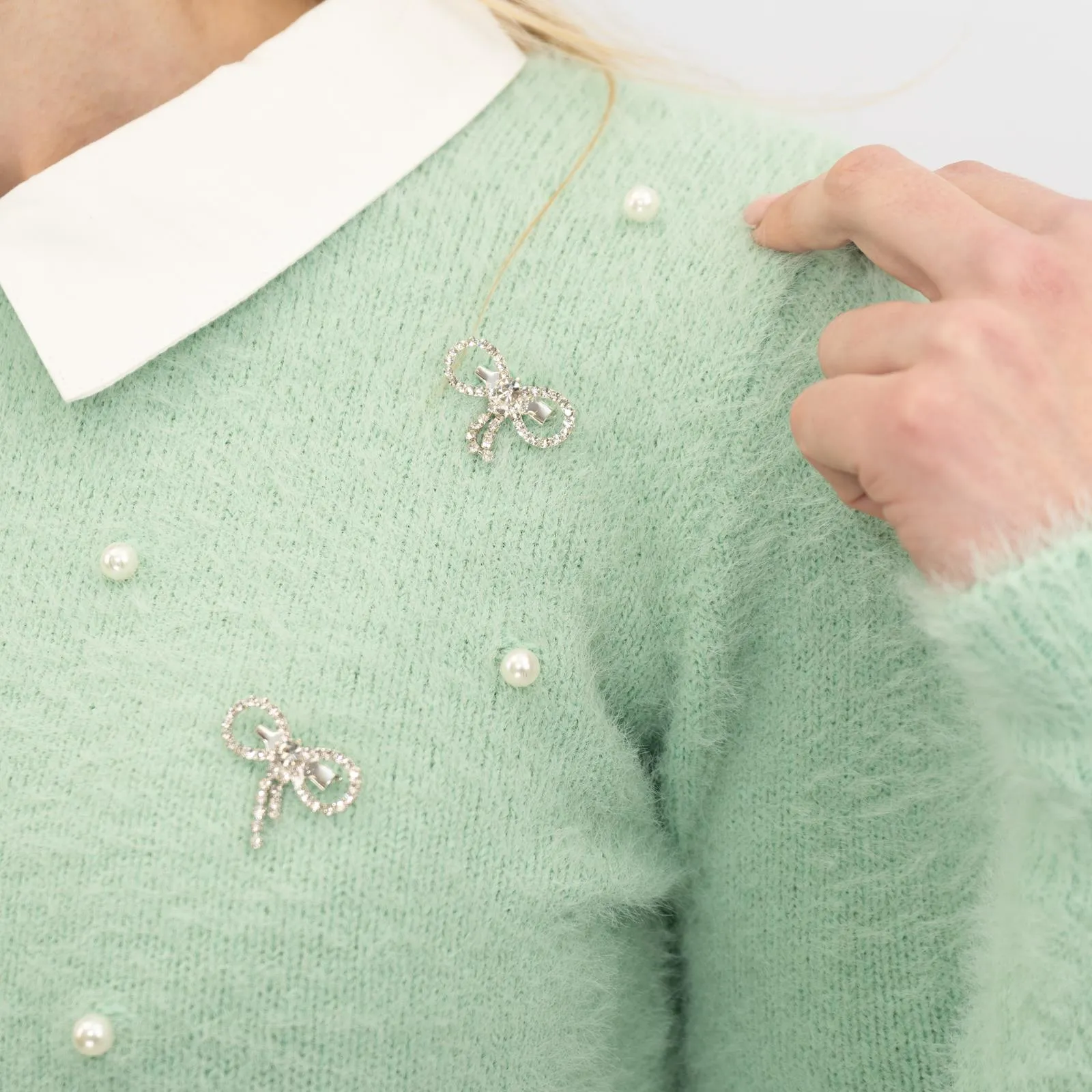 River Island Embellished Fluffy Hybrid Jumper Green Mock Shirt