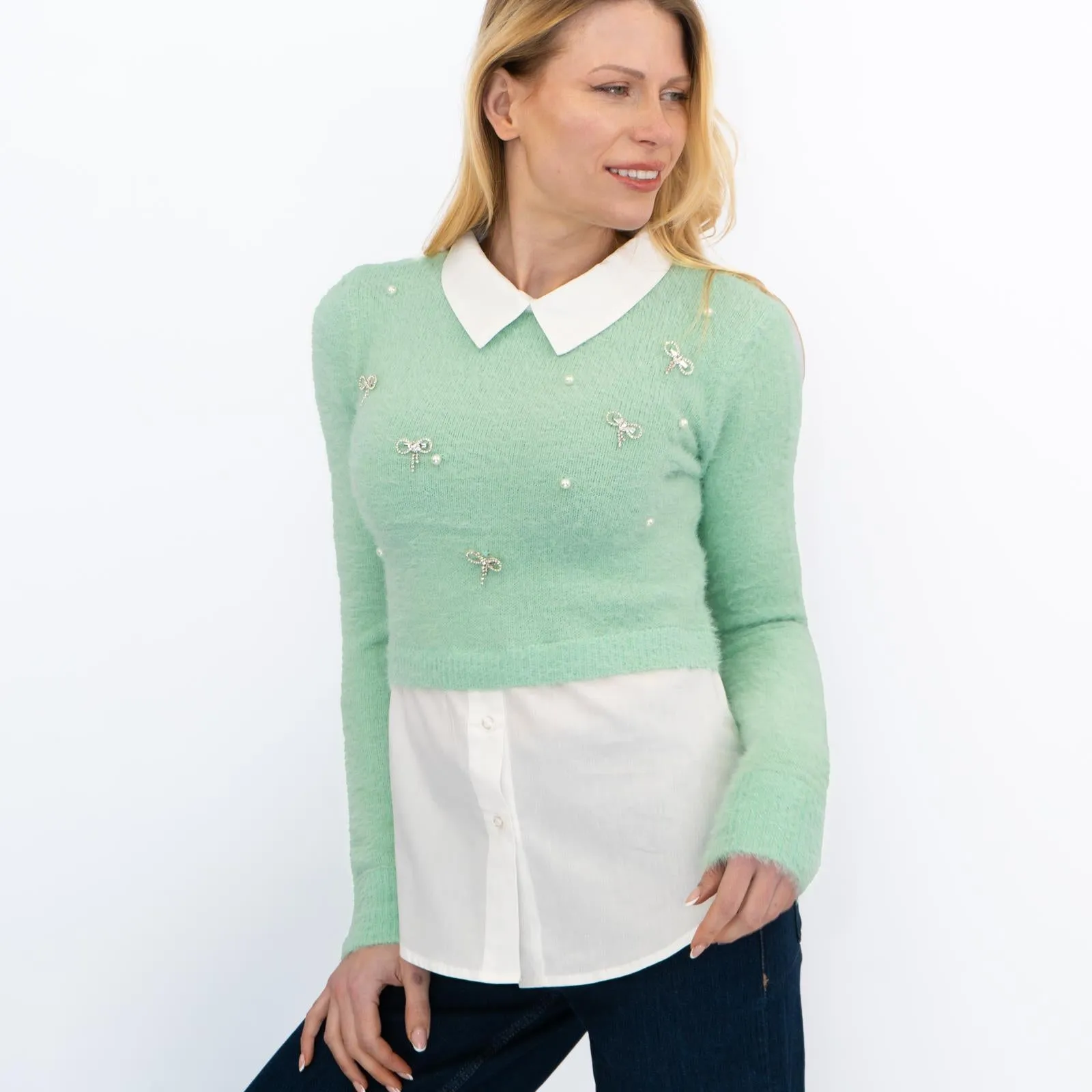 River Island Embellished Fluffy Hybrid Jumper Green Mock Shirt