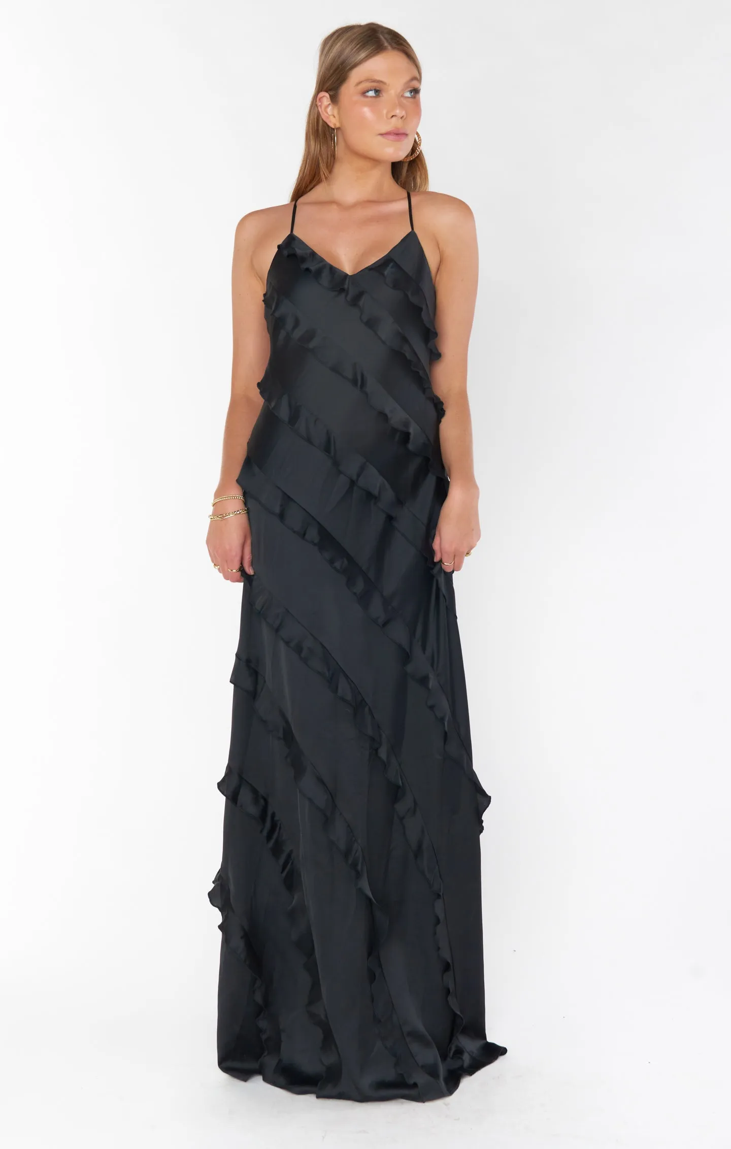 Romance Ruffle Dress ~ Black Luxe Satin