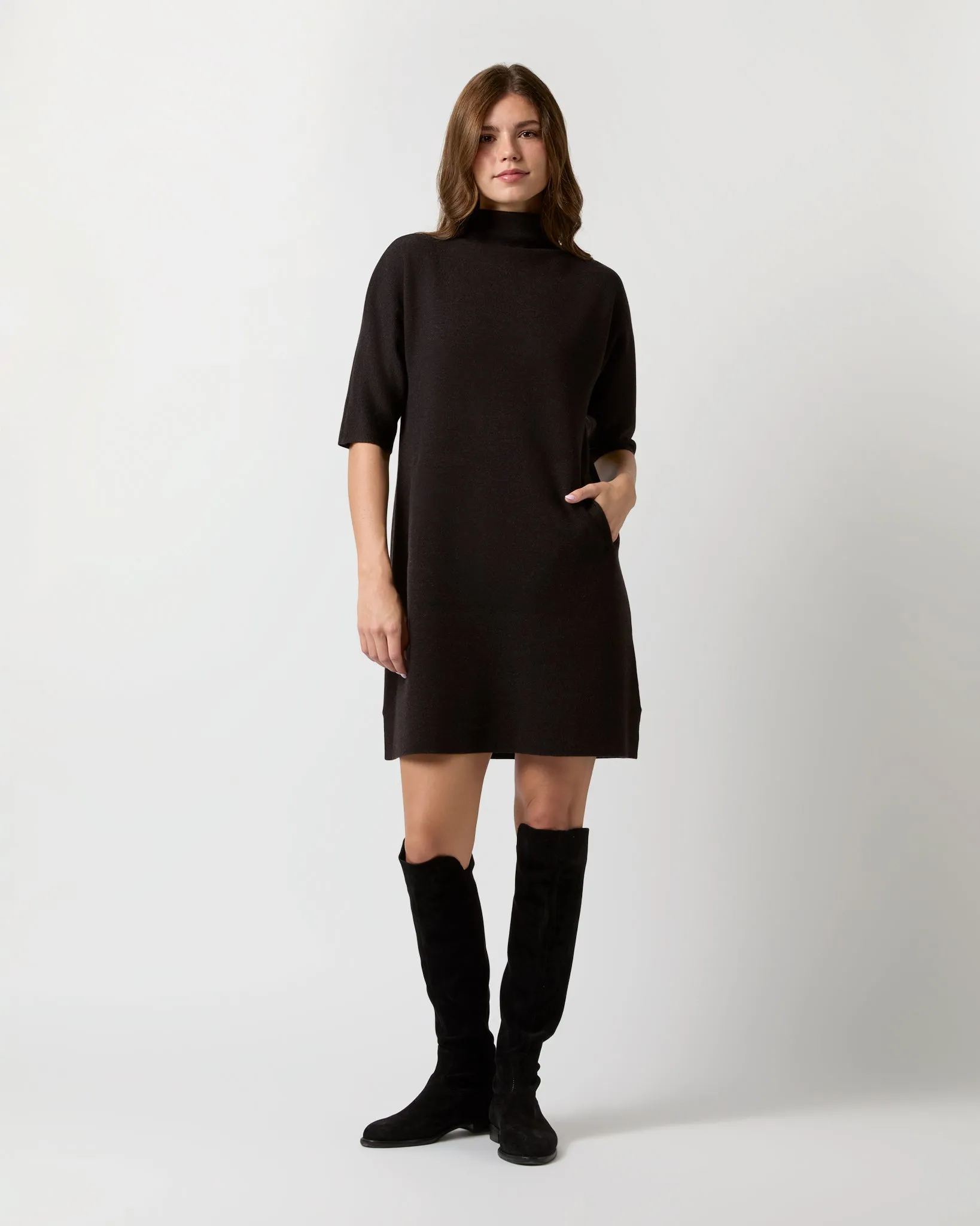 Rowan Short-Sleeved Funnel-Neck Dress in Chocolate Extra Fine Merino Wool