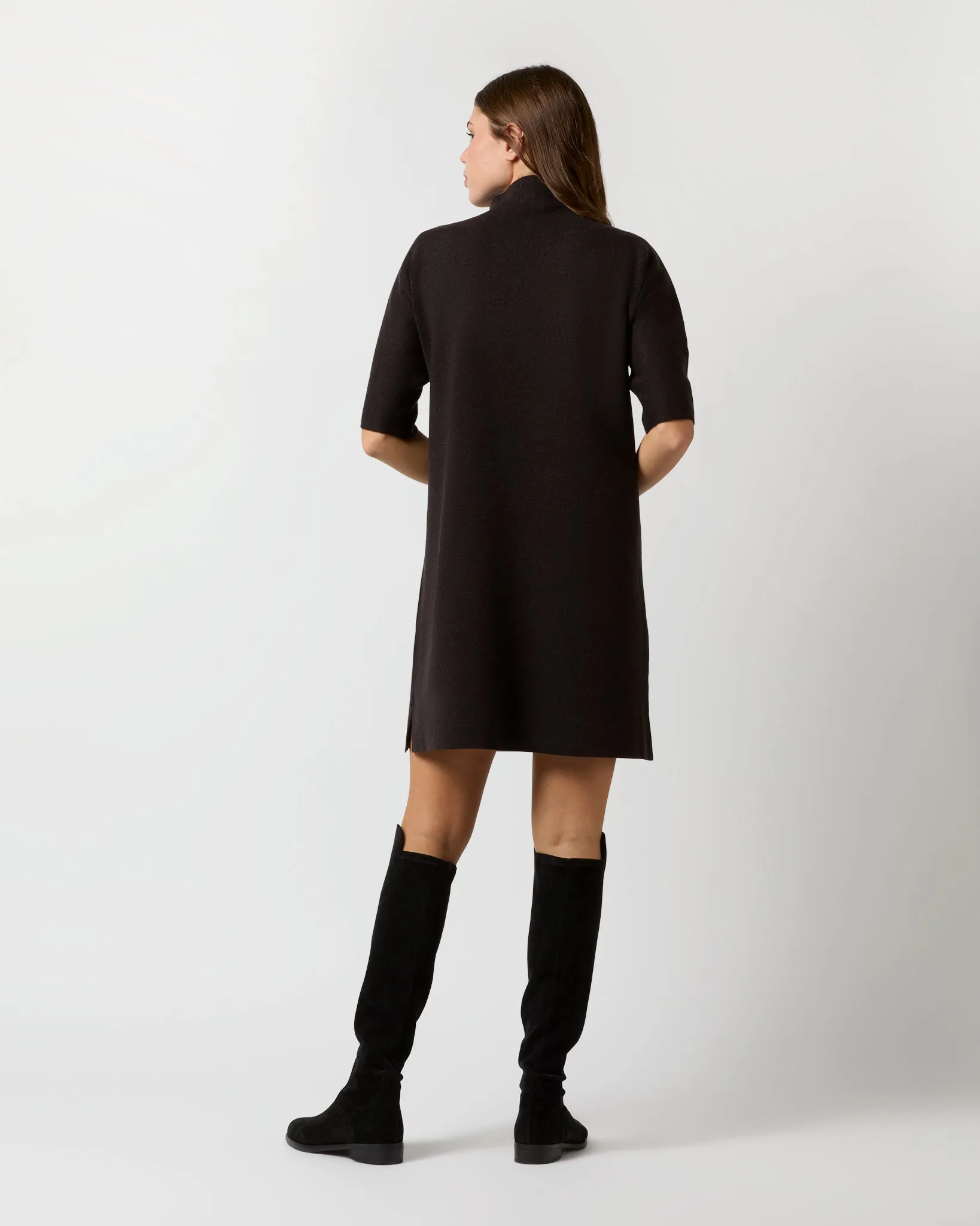 Rowan Short-Sleeved Funnel-Neck Dress in Chocolate Extra Fine Merino Wool