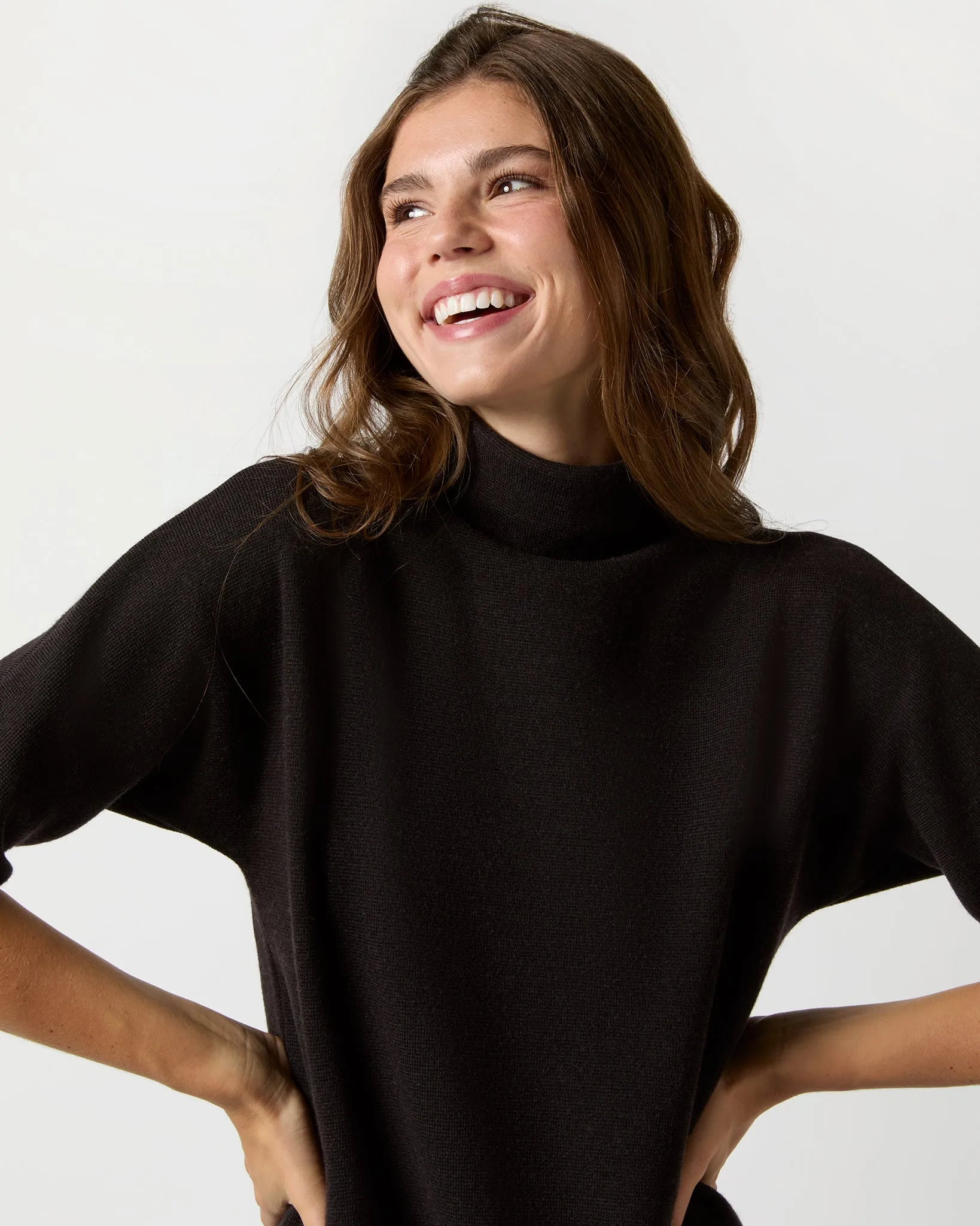 Rowan Short-Sleeved Funnel-Neck Dress in Chocolate Extra Fine Merino Wool