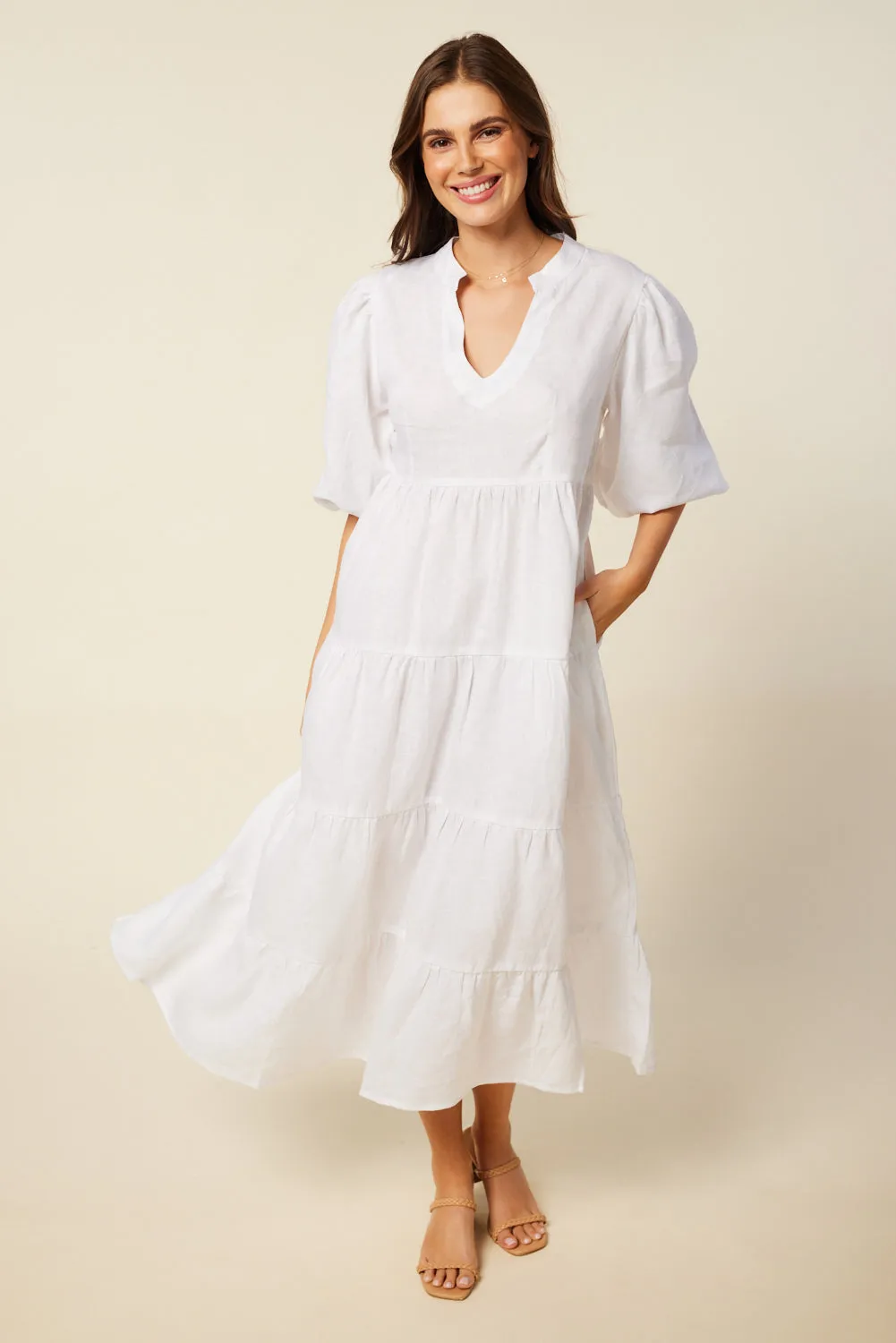 Sabre Linen V-Neck Dress in White