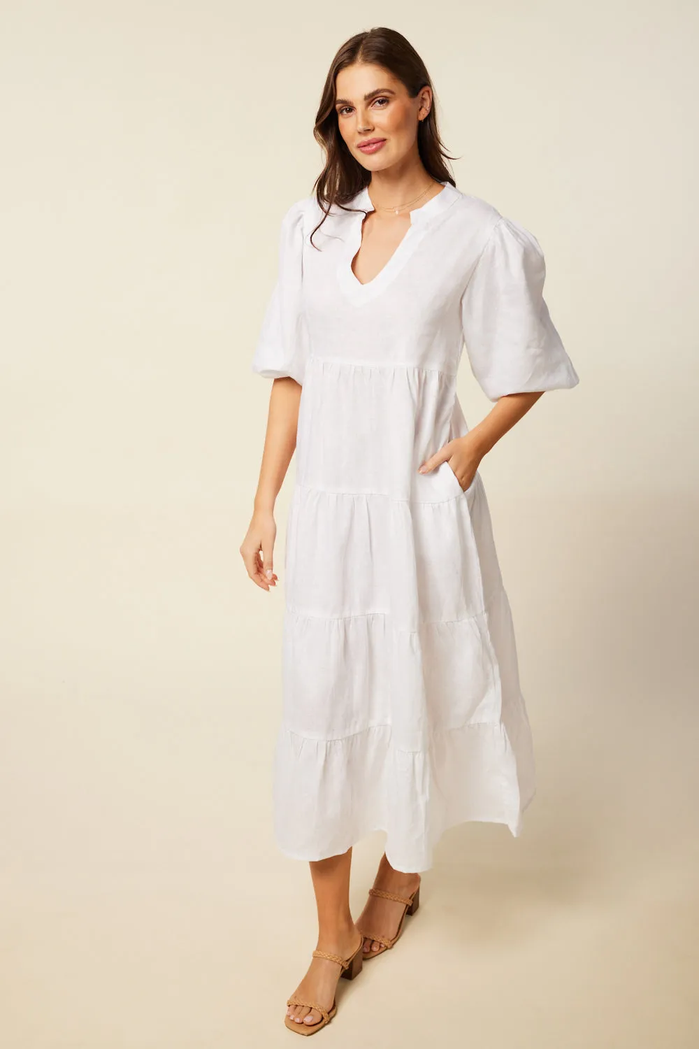 Sabre Linen V-Neck Dress in White