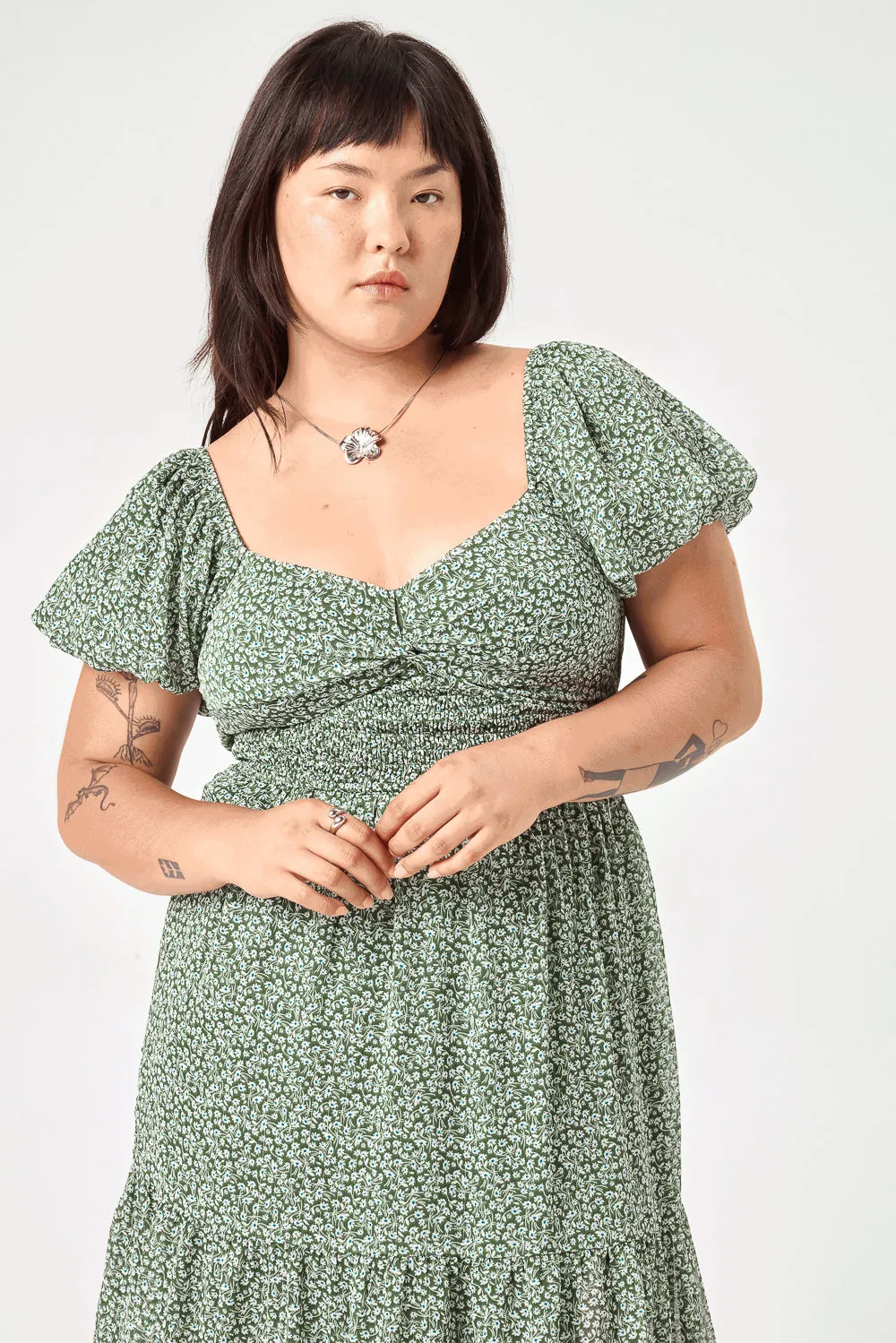 Sage Floral Puff Sleeve Twist Midi Dress