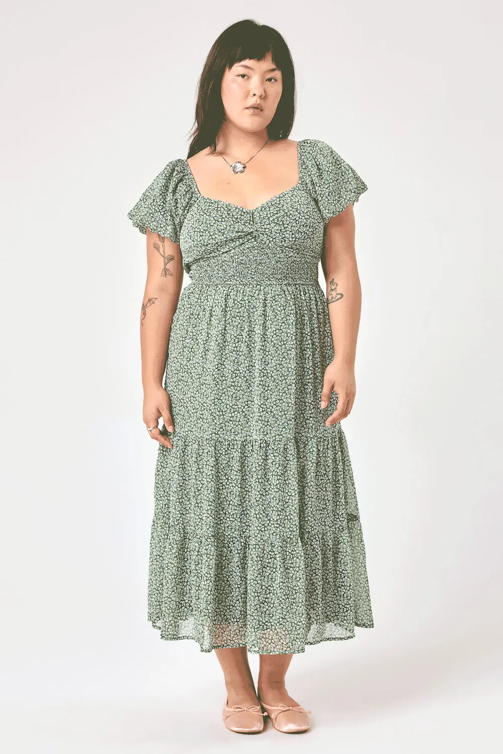 Sage Floral Puff Sleeve Twist Midi Dress