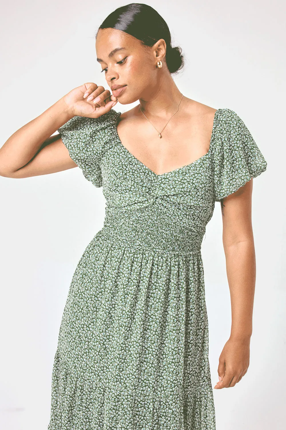 Sage Floral Puff Sleeve Twist Midi Dress