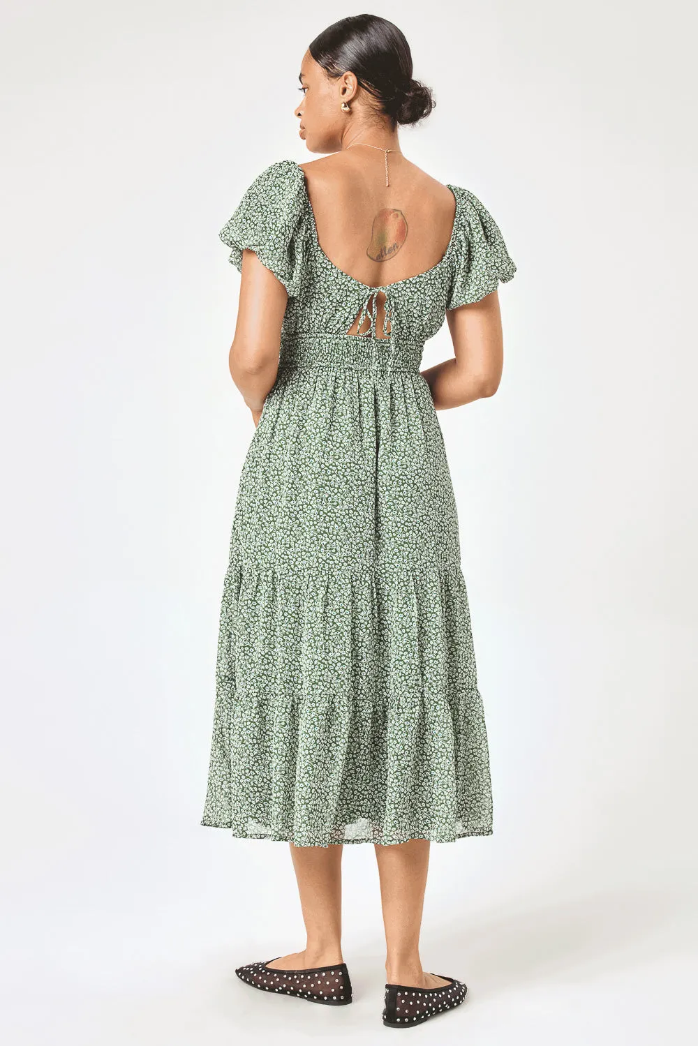 Sage Floral Puff Sleeve Twist Midi Dress