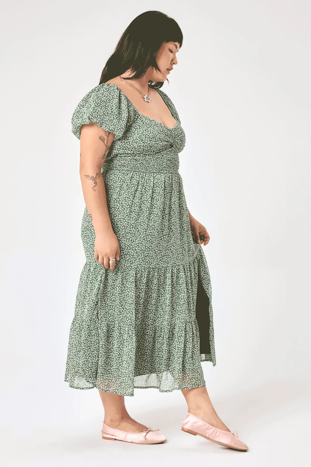 Sage Floral Puff Sleeve Twist Midi Dress