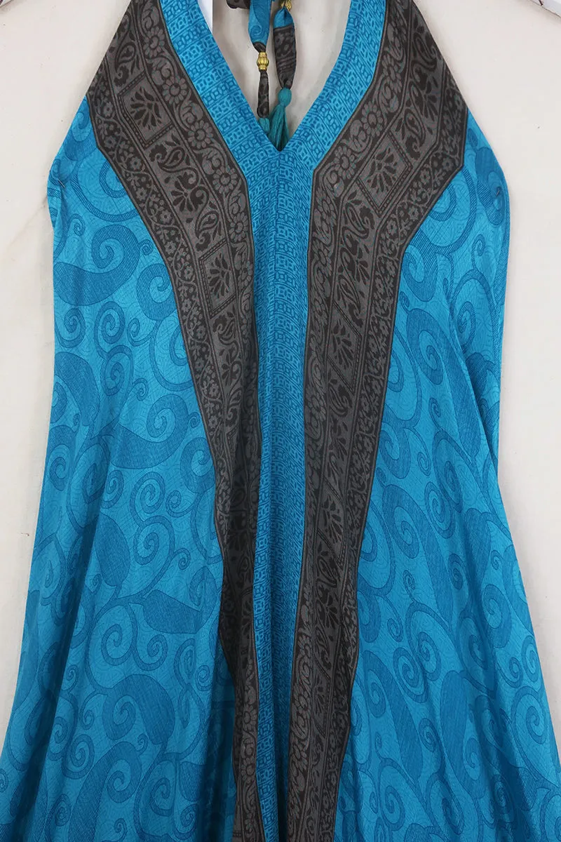 SALE Athena Maxi Dress - Vintage Sari - Blue & Bronze Swirls - Free Size M/L