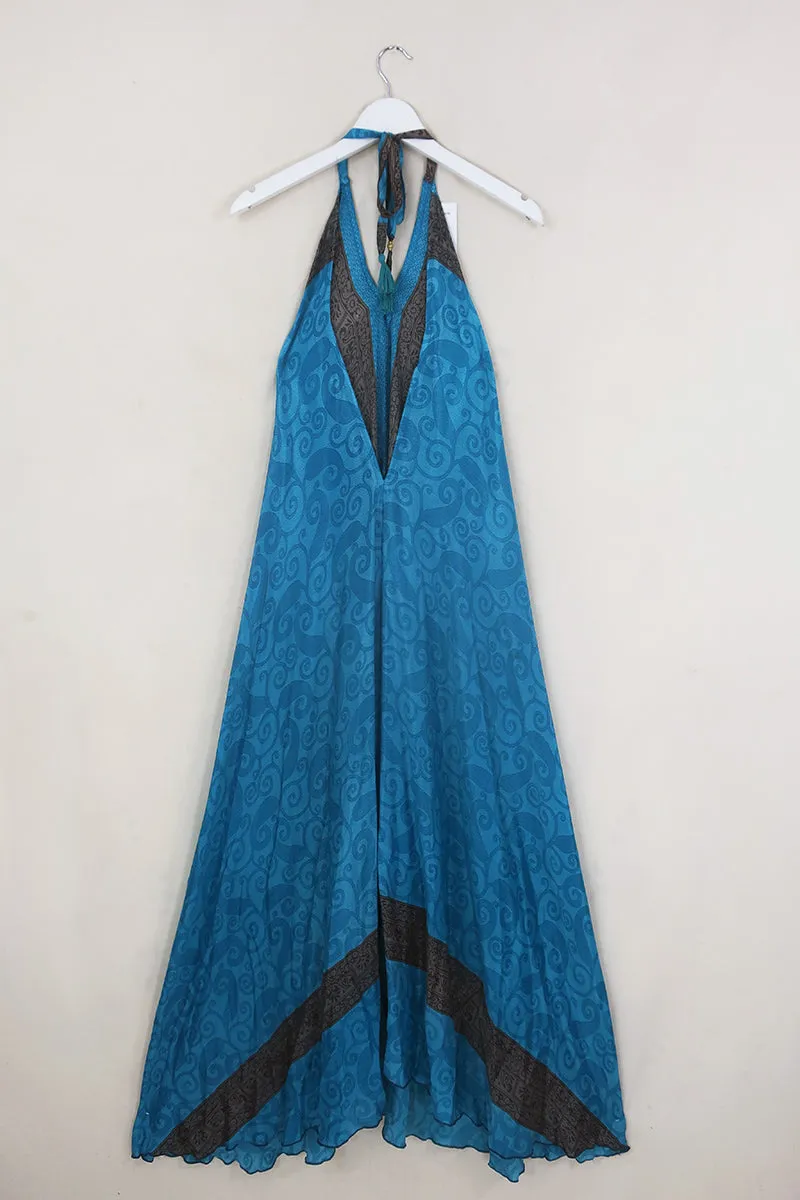 SALE Athena Maxi Dress - Vintage Sari - Blue & Bronze Swirls - Free Size M/L