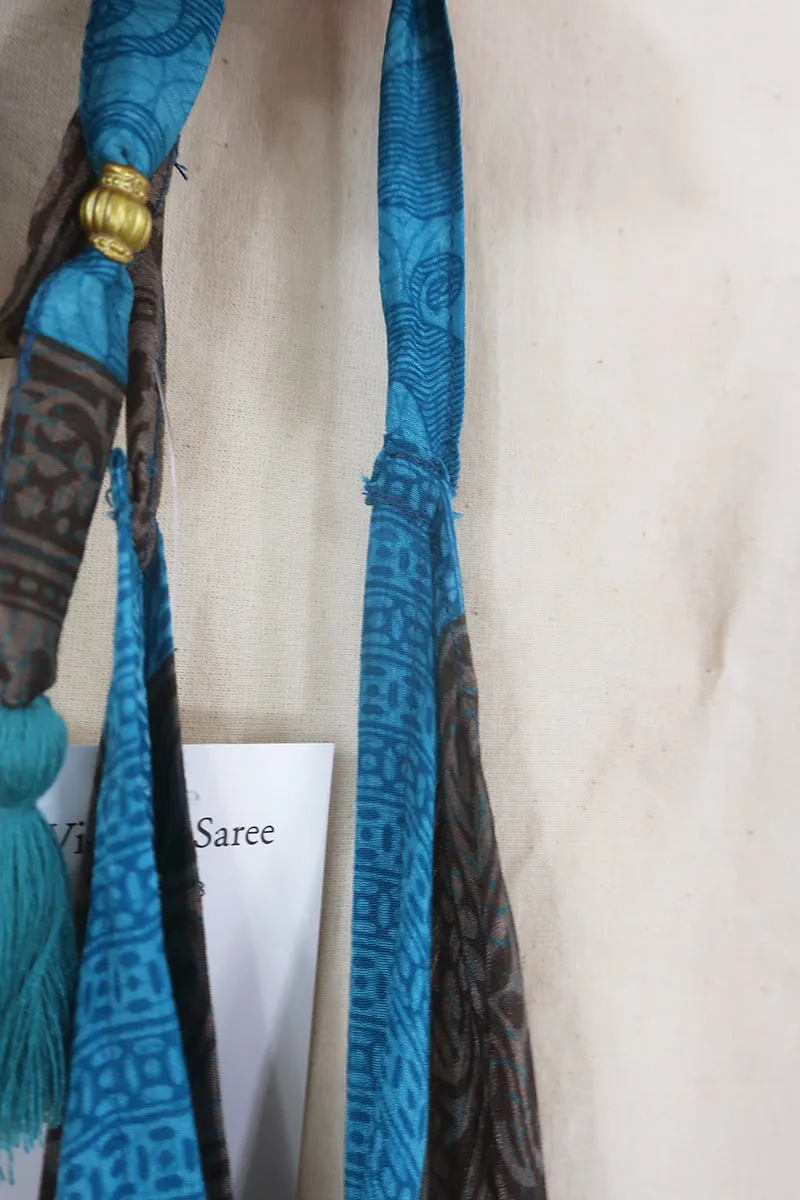 SALE Athena Maxi Dress - Vintage Sari - Blue & Bronze Swirls - Free Size M/L