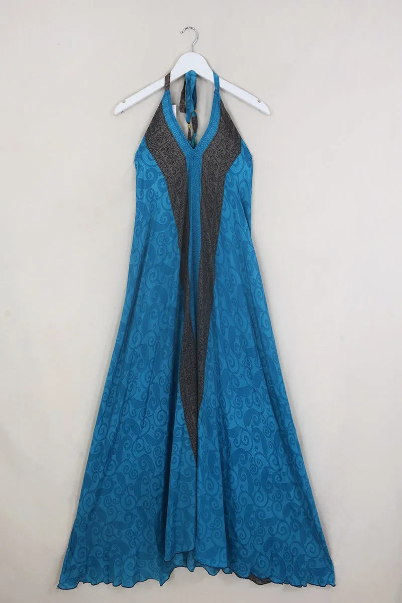 SALE Athena Maxi Dress - Vintage Sari - Blue & Bronze Swirls - Free Size M/L