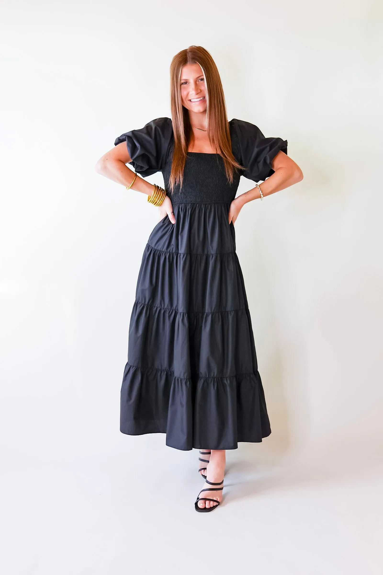 Santorini Sunshine Short Balloon Sleeve Maxi Dress in Black