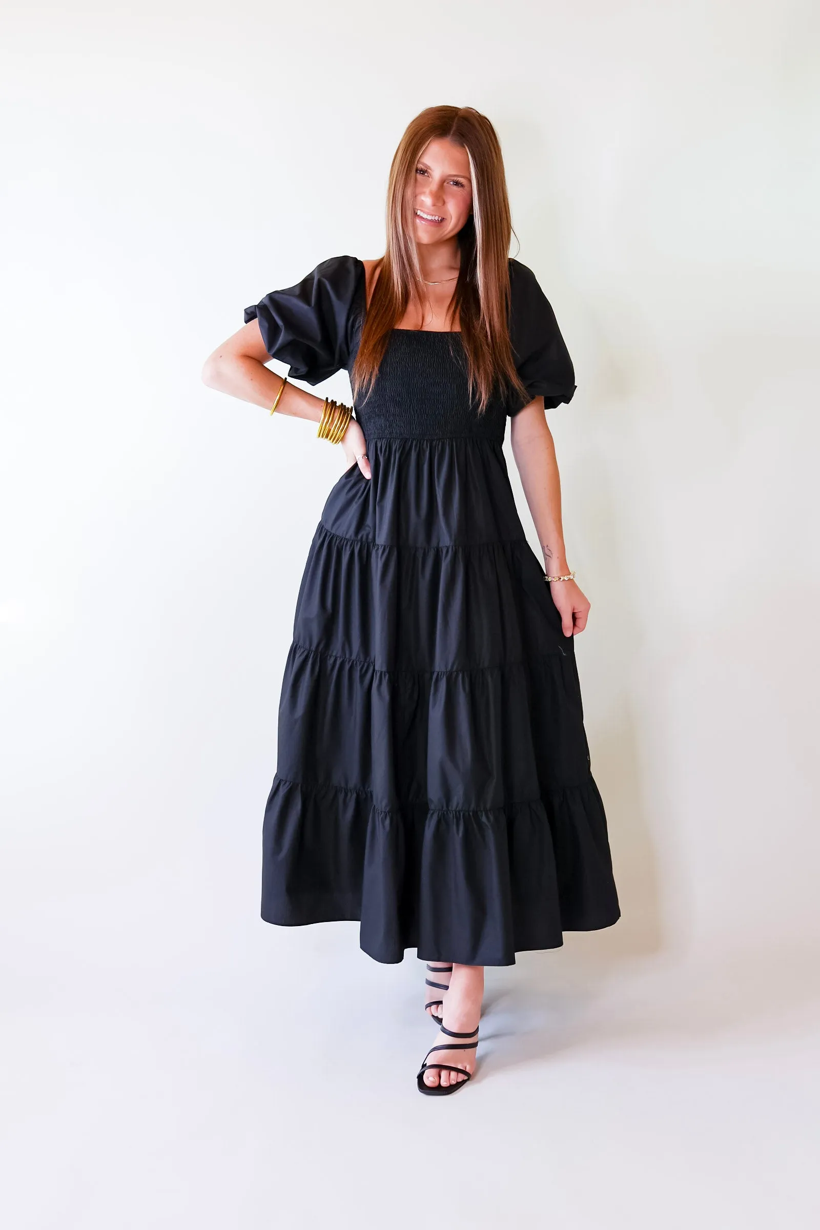 Santorini Sunshine Short Balloon Sleeve Maxi Dress in Black