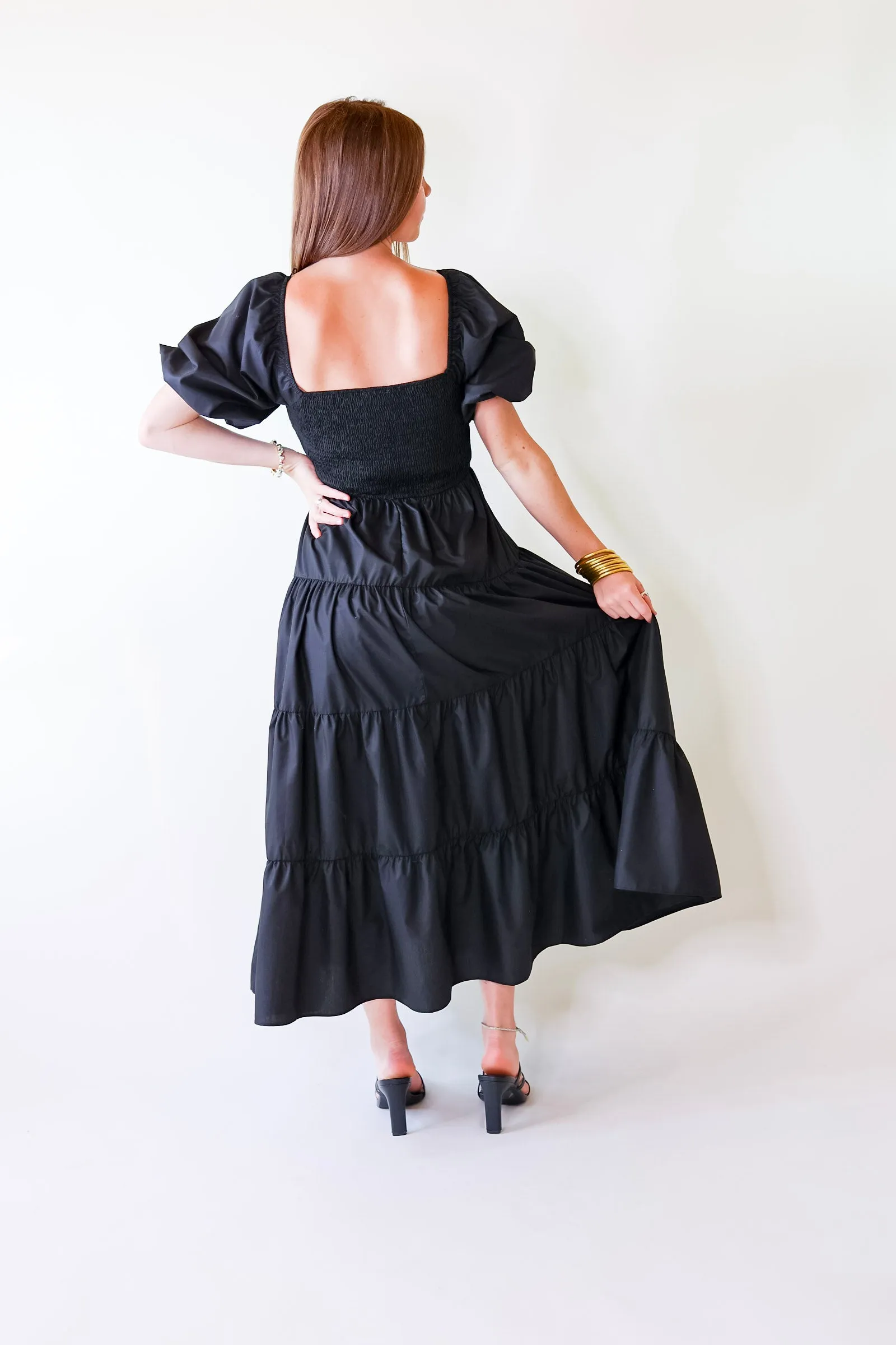 Santorini Sunshine Short Balloon Sleeve Maxi Dress in Black