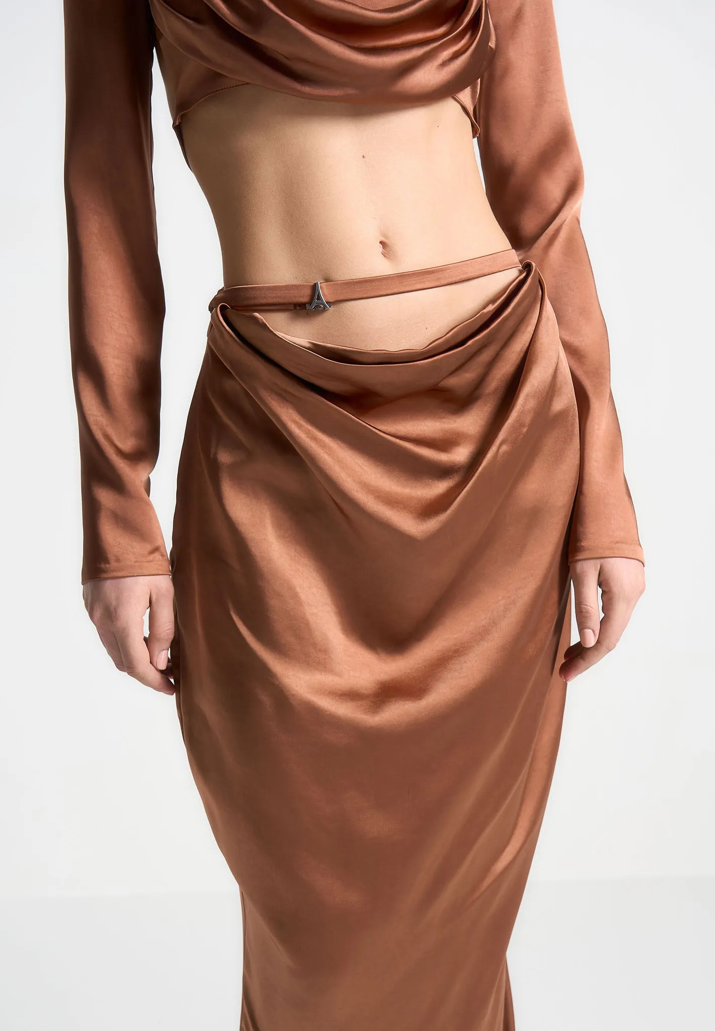 Satin Drape Belted Maxi Skirt - Bronze