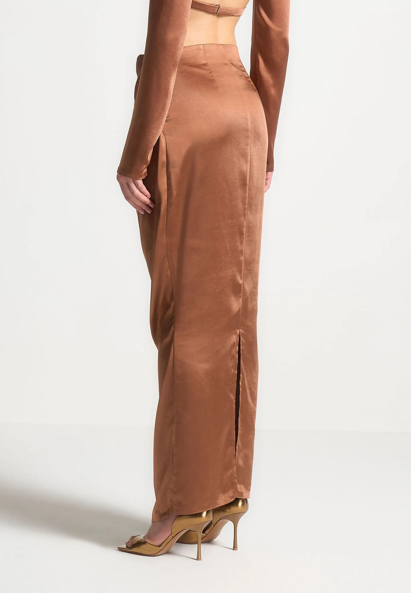 Satin Drape Belted Maxi Skirt - Bronze