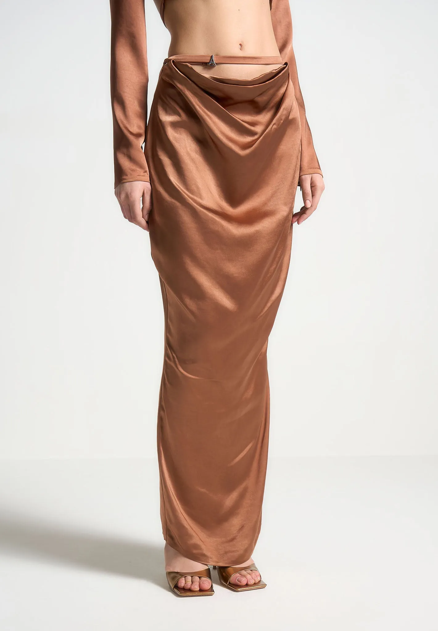 Satin Drape Belted Maxi Skirt - Bronze