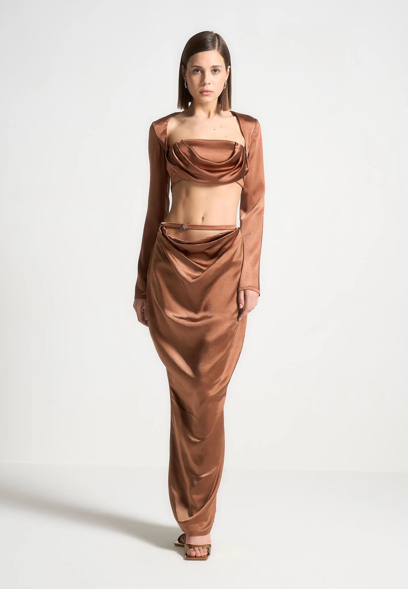 Satin Drape Belted Maxi Skirt - Bronze