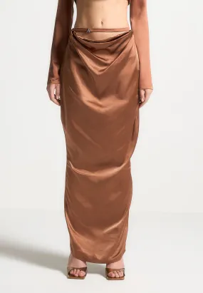 Satin Drape Belted Maxi Skirt - Bronze