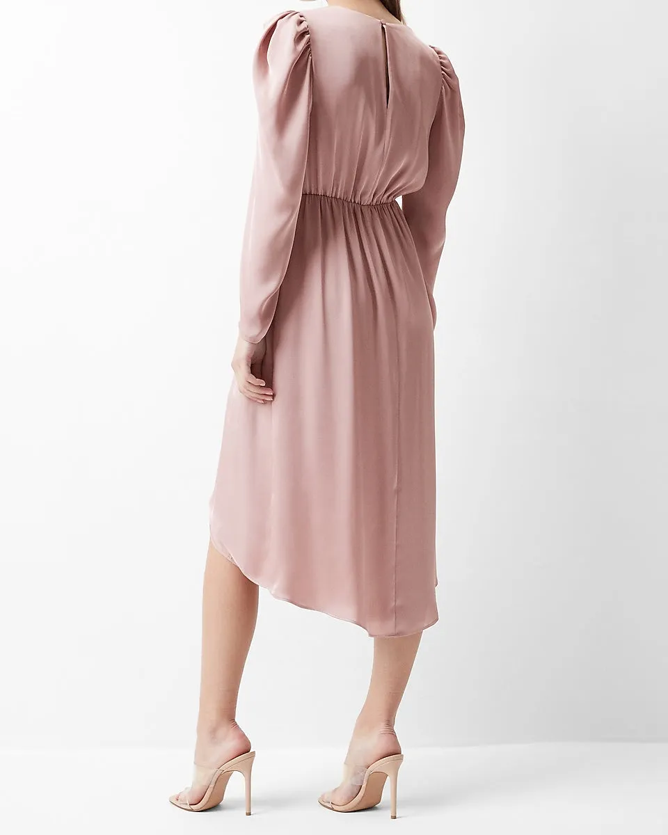 Satin Puff Shoulder Midi Dress in Blushing Mauve