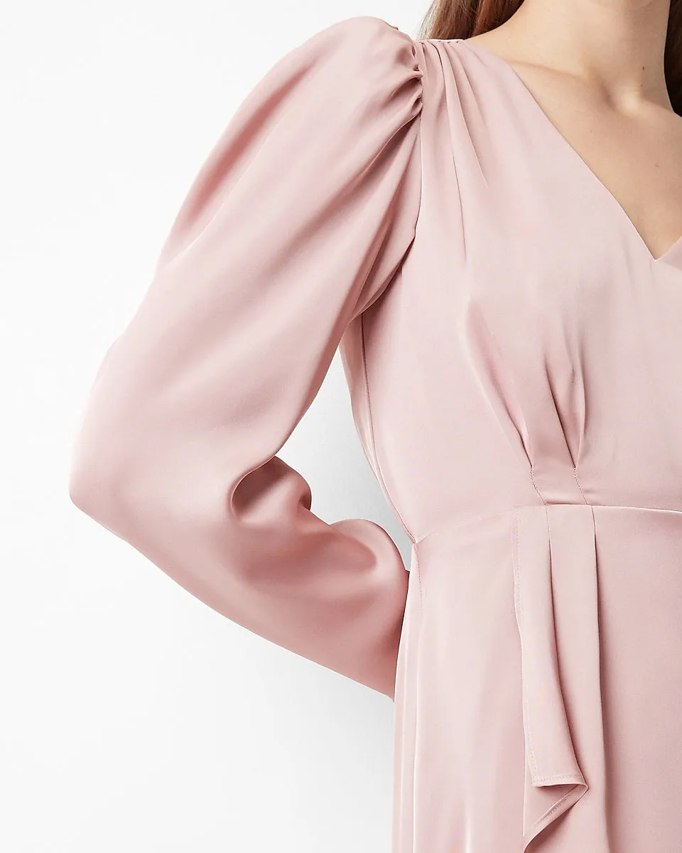 Satin Puff Shoulder Midi Dress in Blushing Mauve