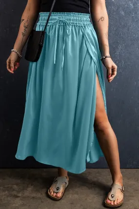 Satin Skirt Casual Peacock Blue Drawstring Split Side Flowy Long Skirt