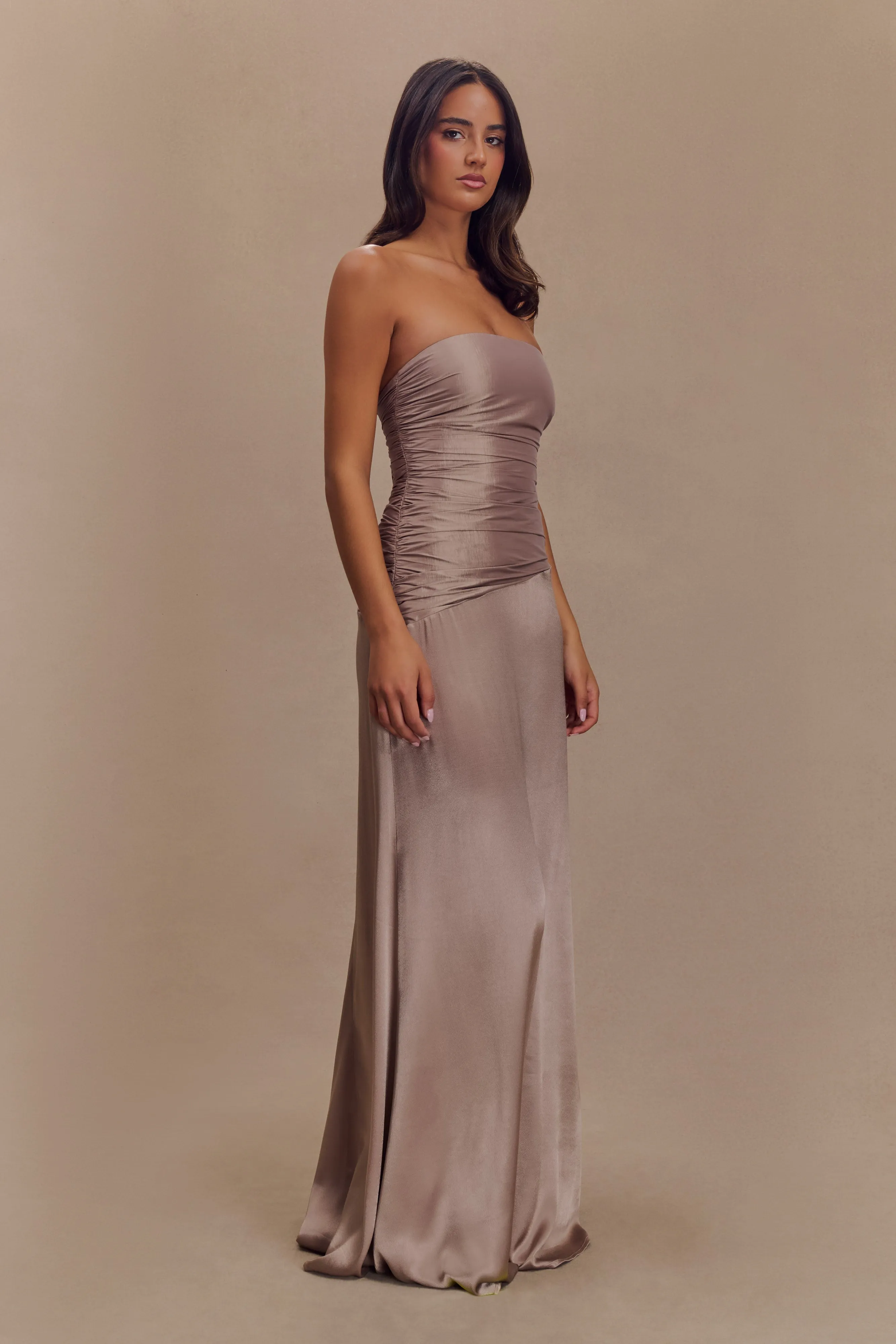 Serena Strapless Taffeta Maxi Dress - Bronze Taupe