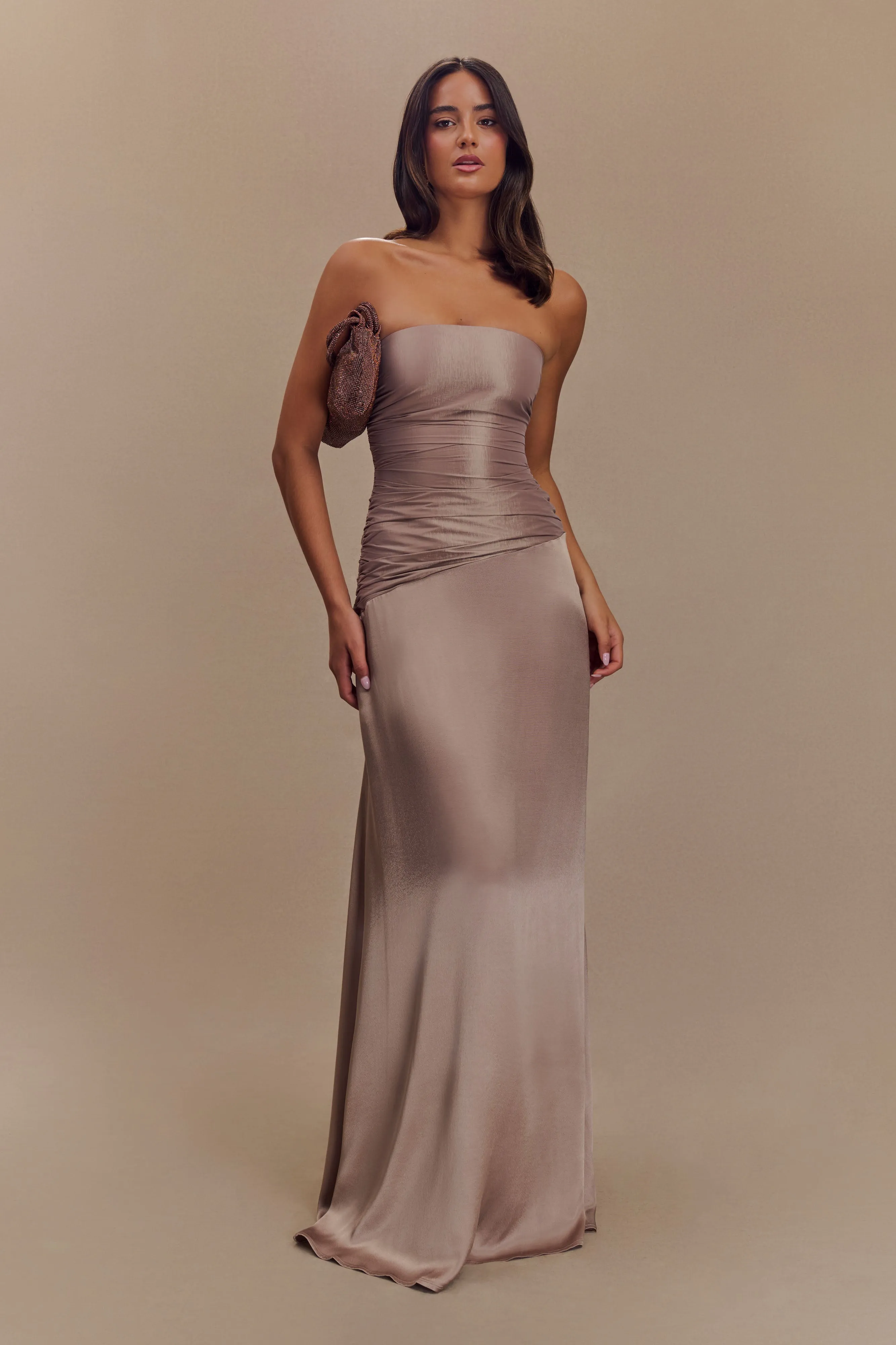 Serena Strapless Taffeta Maxi Dress - Bronze Taupe