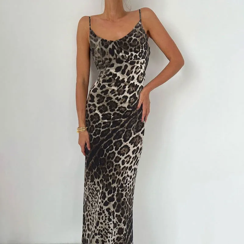 Sexy Leopard Print Backless Lace Up Dress Summer Slim Strap Dress