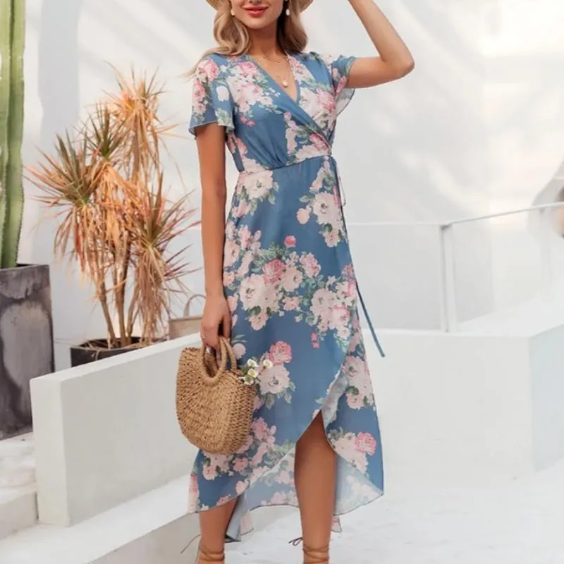 Sexy V-neck Floral Print Wrap Beach Boho Slim Fit Dress