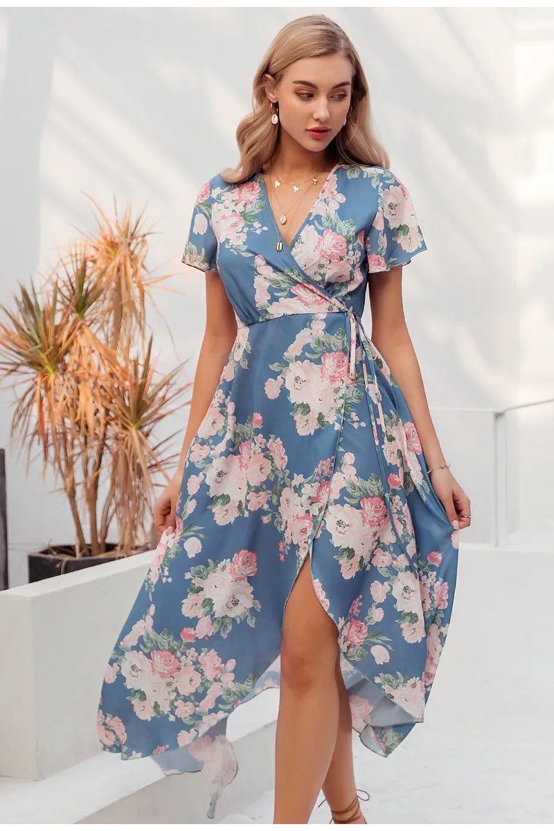 Sexy V-neck Floral Print Wrap Beach Boho Slim Fit Dress