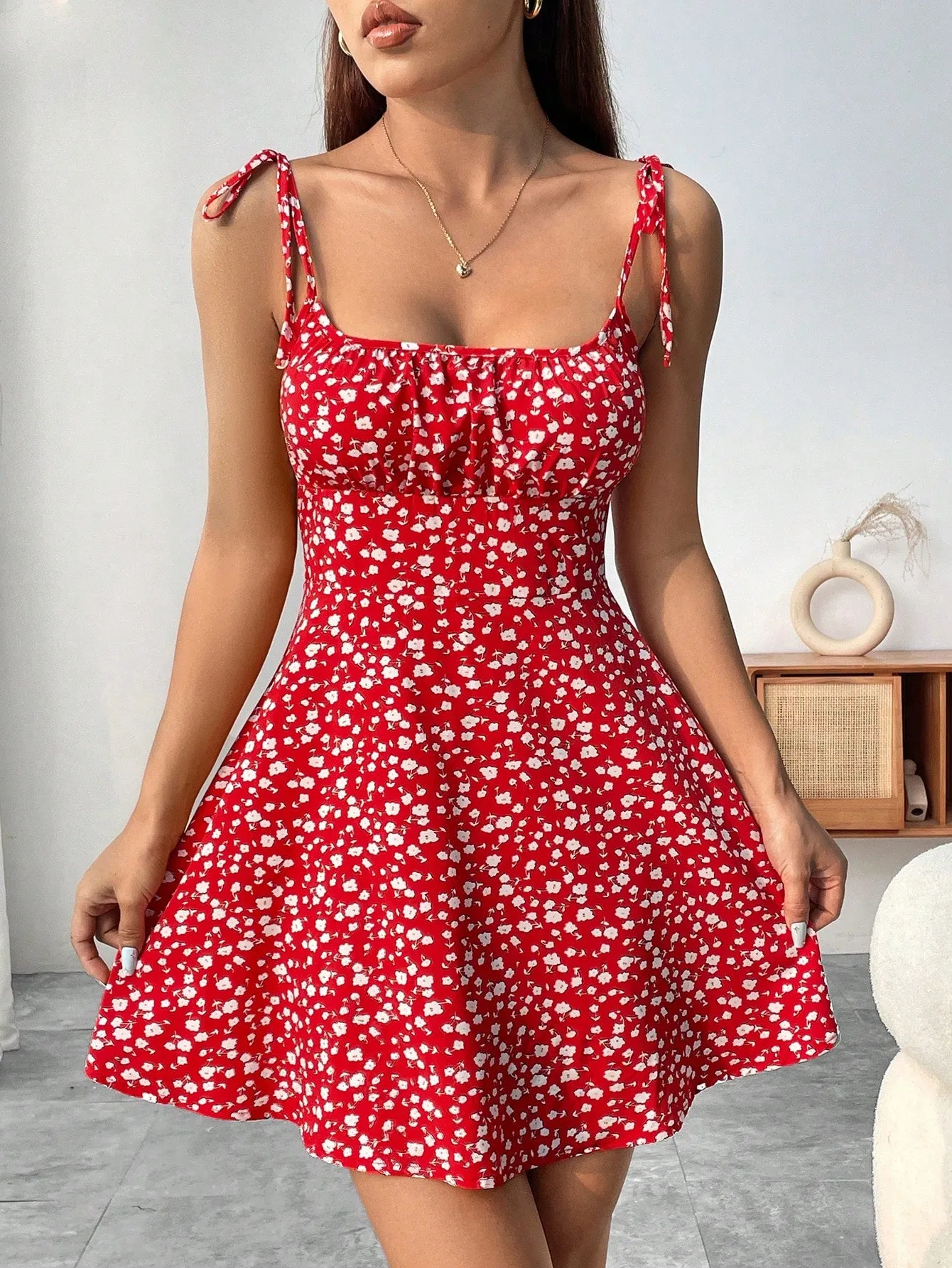 SHEIN Essnce Floral Print Pleated Bust Slip Dress