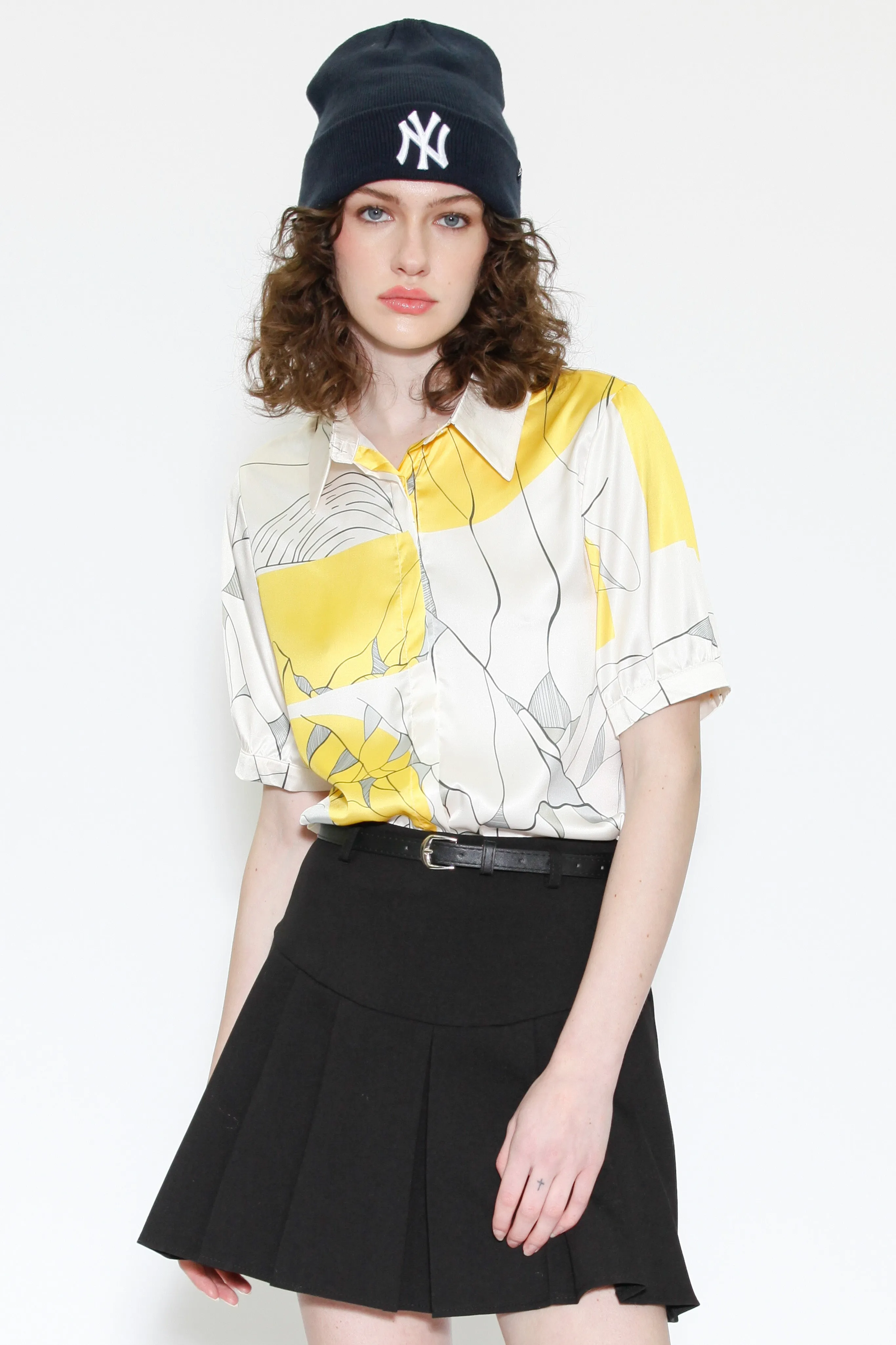 Silk Printed Yellow Floral Button Down Top