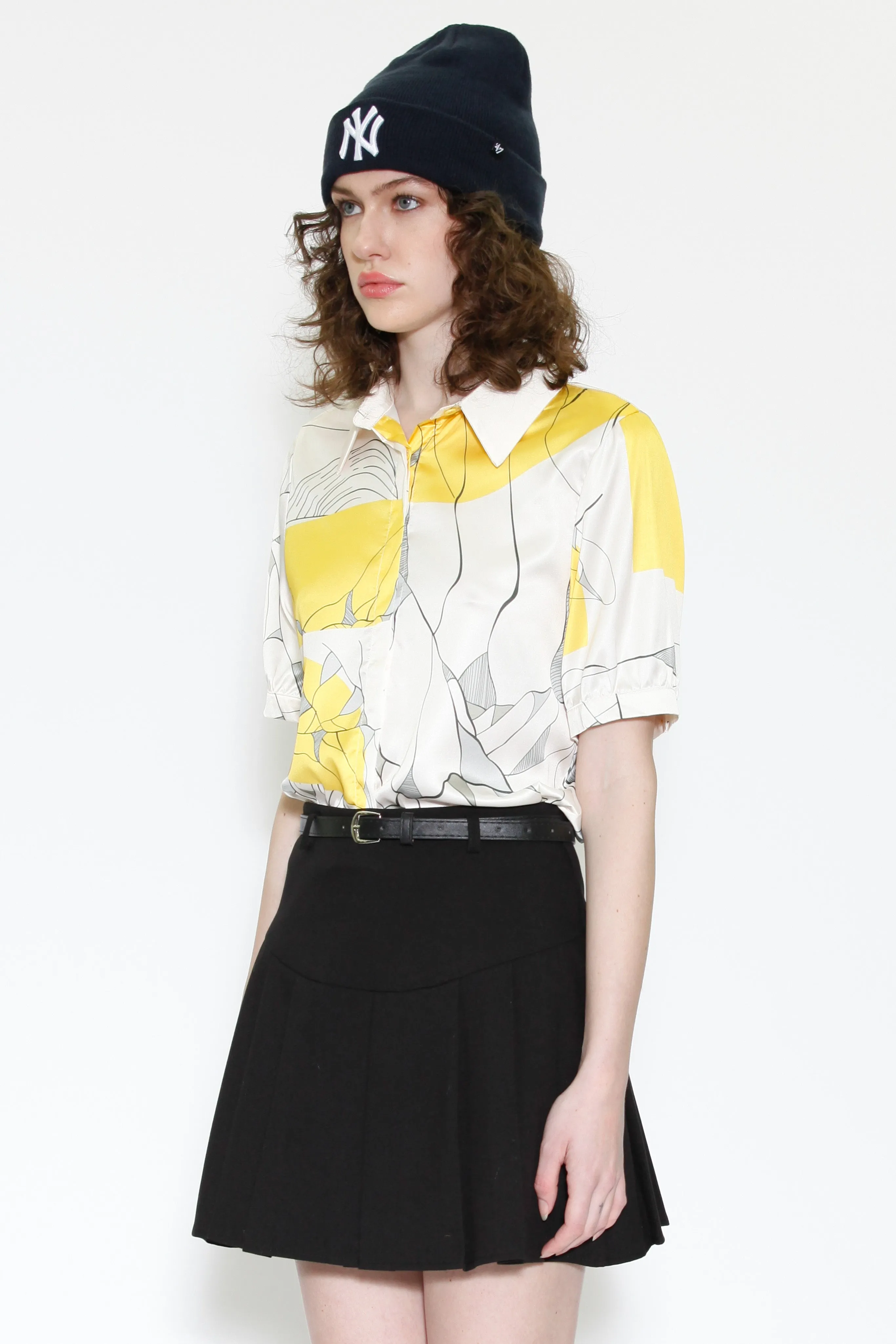 Silk Printed Yellow Floral Button Down Top