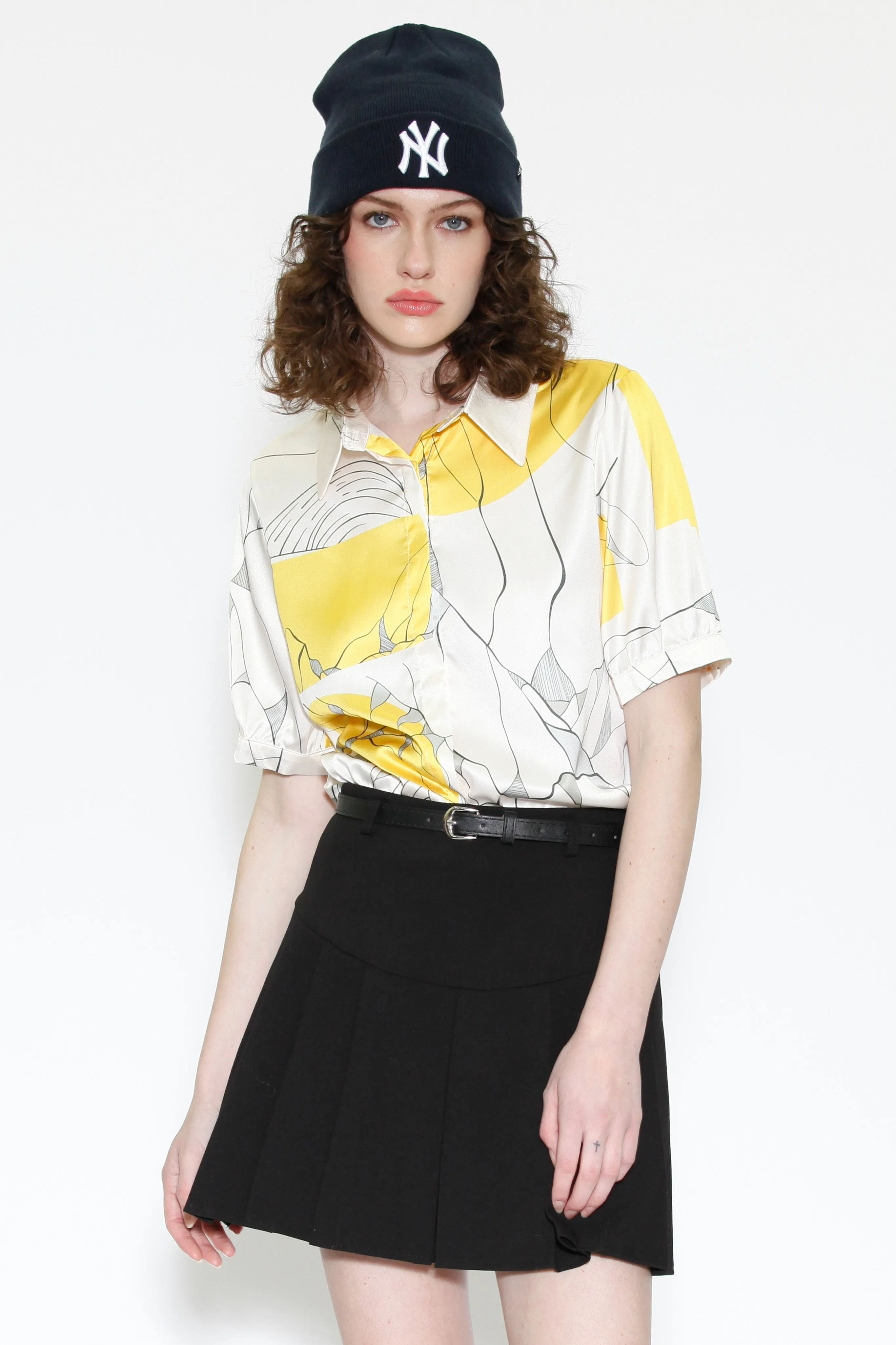 Silk Printed Yellow Floral Button Down Top