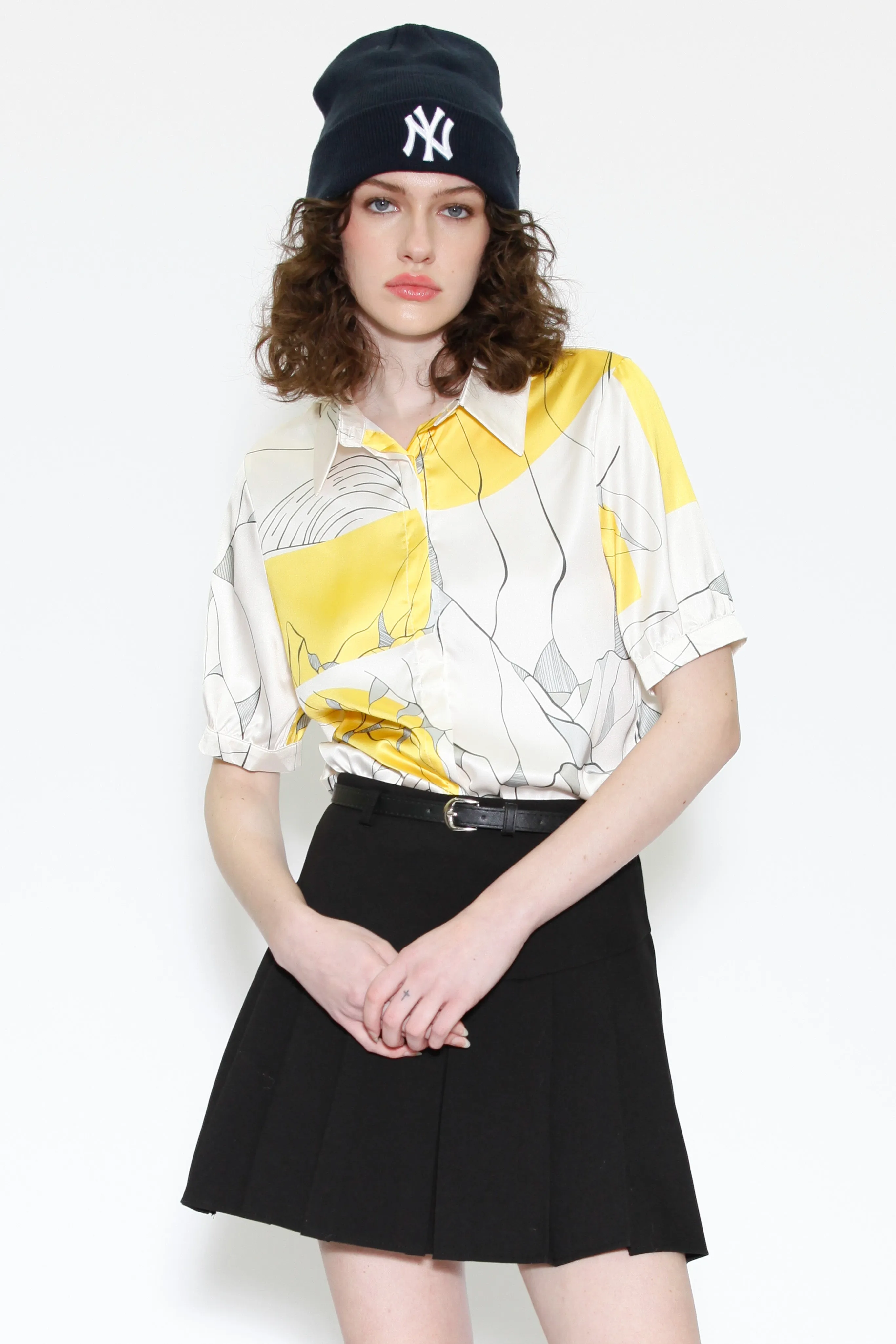 Silk Printed Yellow Floral Button Down Top