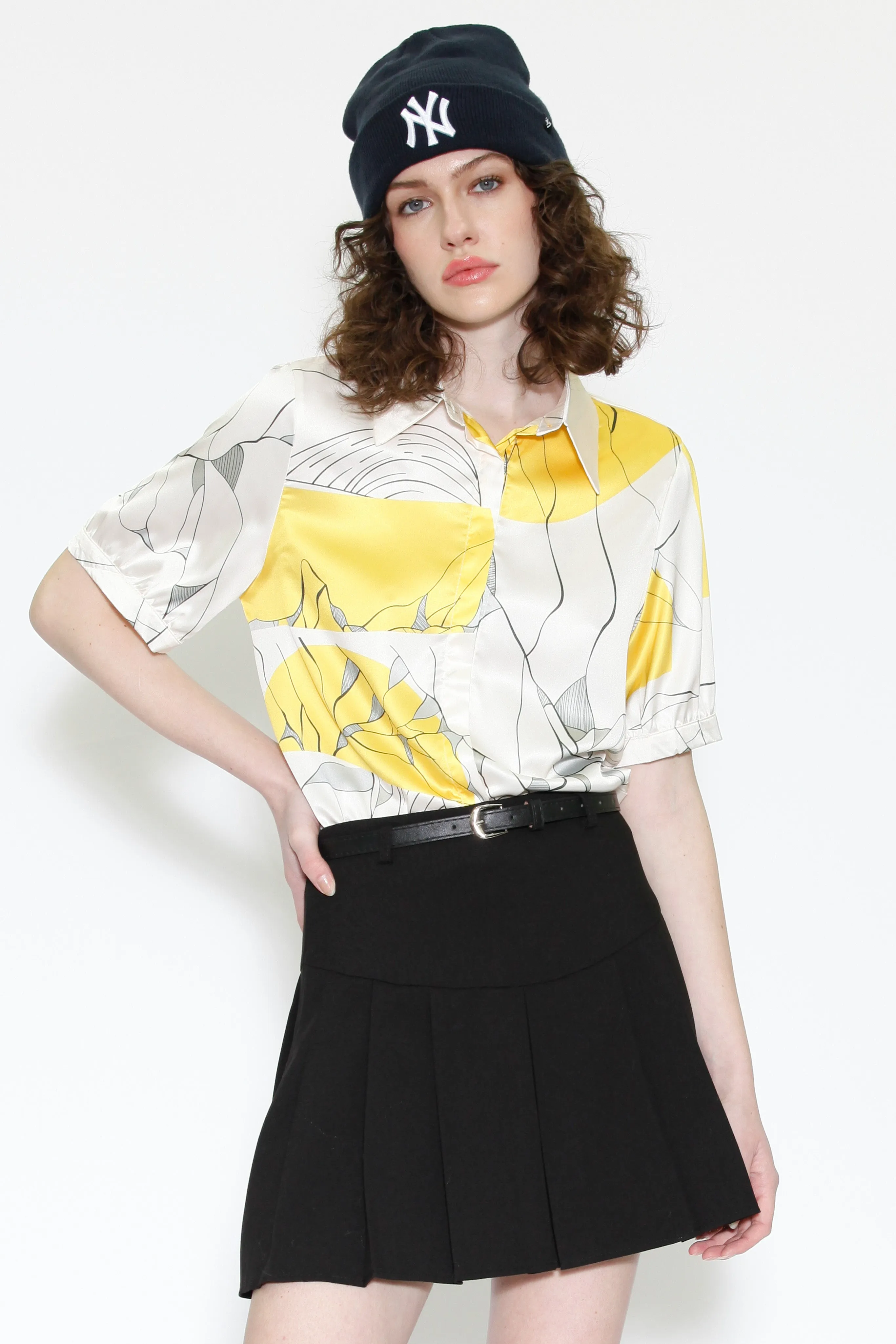 Silk Printed Yellow Floral Button Down Top