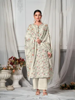 Simar Unstitched White Printed Suit Dress Material with Dupatta