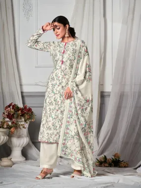 Simar Unstitched White Printed Women Cotton Suit with Dupatta