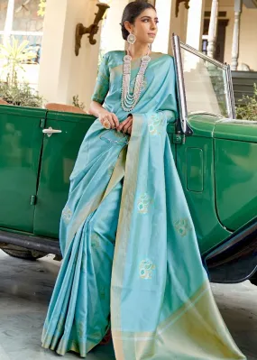 Sky Blue Zari Butta Banarasi-Chanderi Fusion Silk Saree