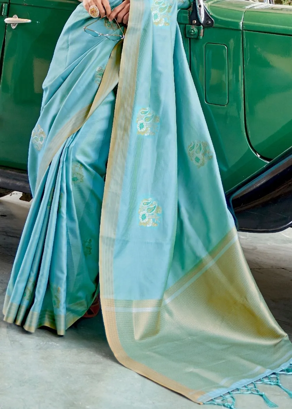 Sky Blue Zari Butta Banarasi-Chanderi Fusion Silk Saree