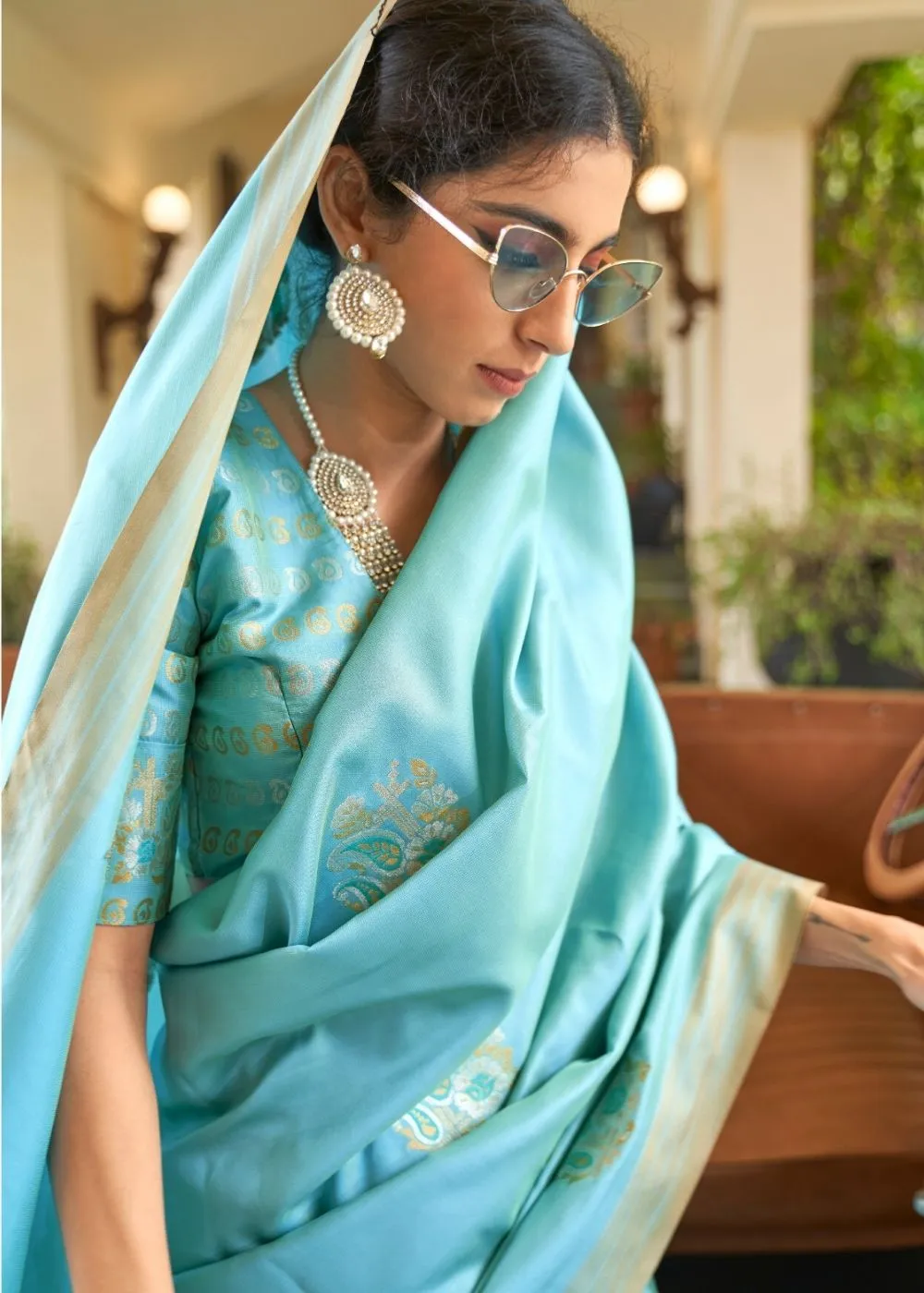 Sky Blue Zari Butta Banarasi-Chanderi Fusion Silk Saree