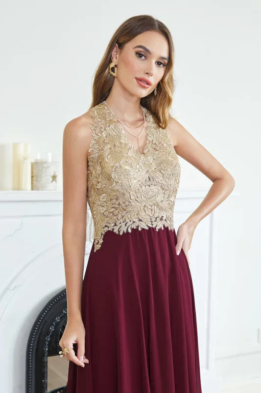 Sleeveless Chiffon Long Evening Dress with Gold Appliques Aline Bridesmaid Dress