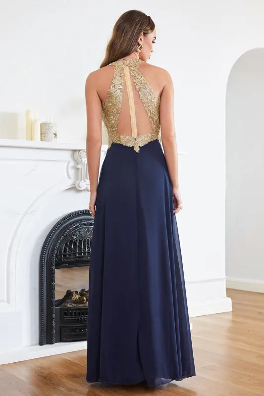 Sleeveless Chiffon Long Evening Dress with Gold Appliques Aline Bridesmaid Dress